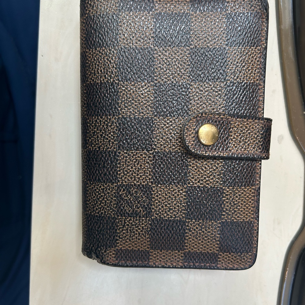 Checkered Brown Wallet with Button Closure - Picture 5 of 7
